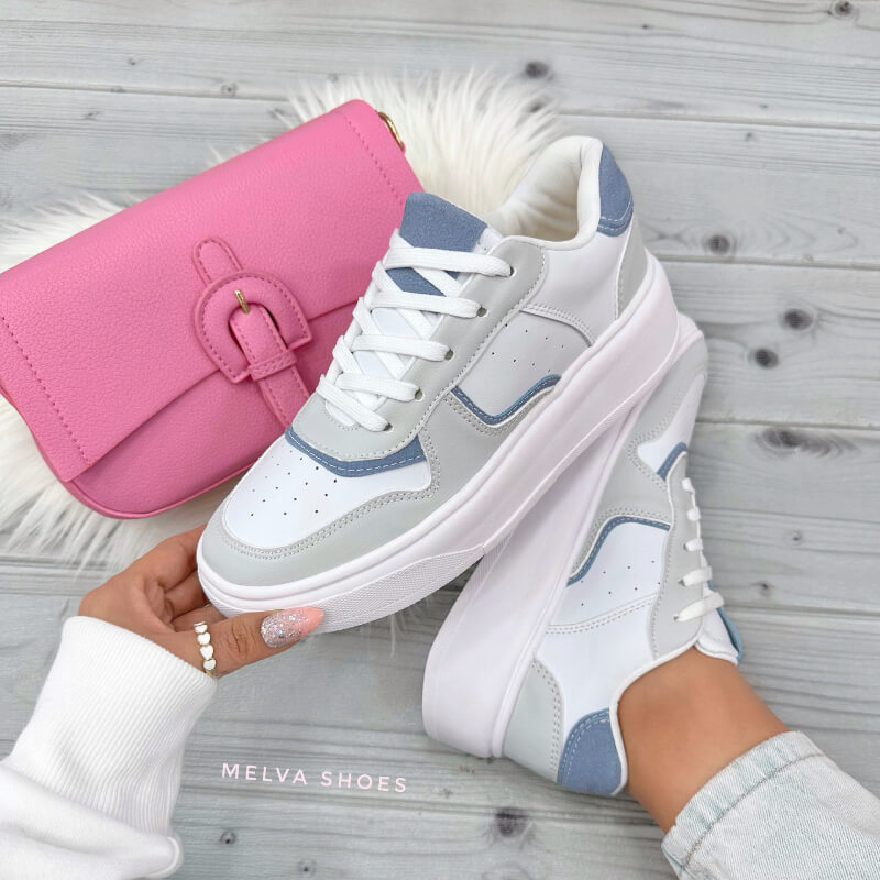 Sneacker bajo Blancos y Gris con Líneas Azules – Estilo Moderno y Confort