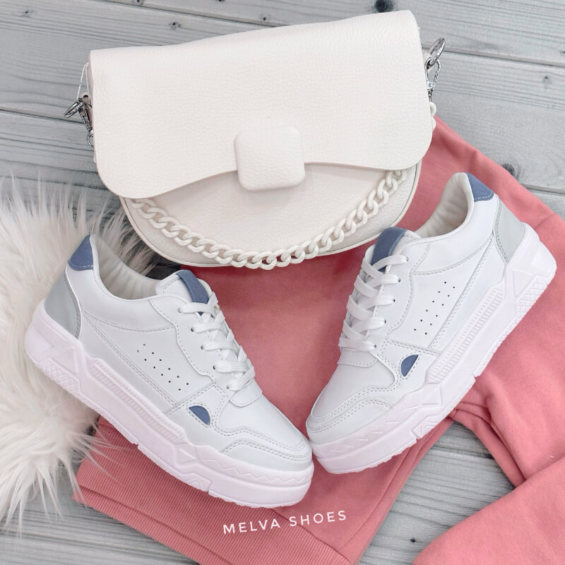 Sneakers Blancos con Detalles Azules y Grises – Suela Baja, Cómodas y Estilosas para Uso Diario