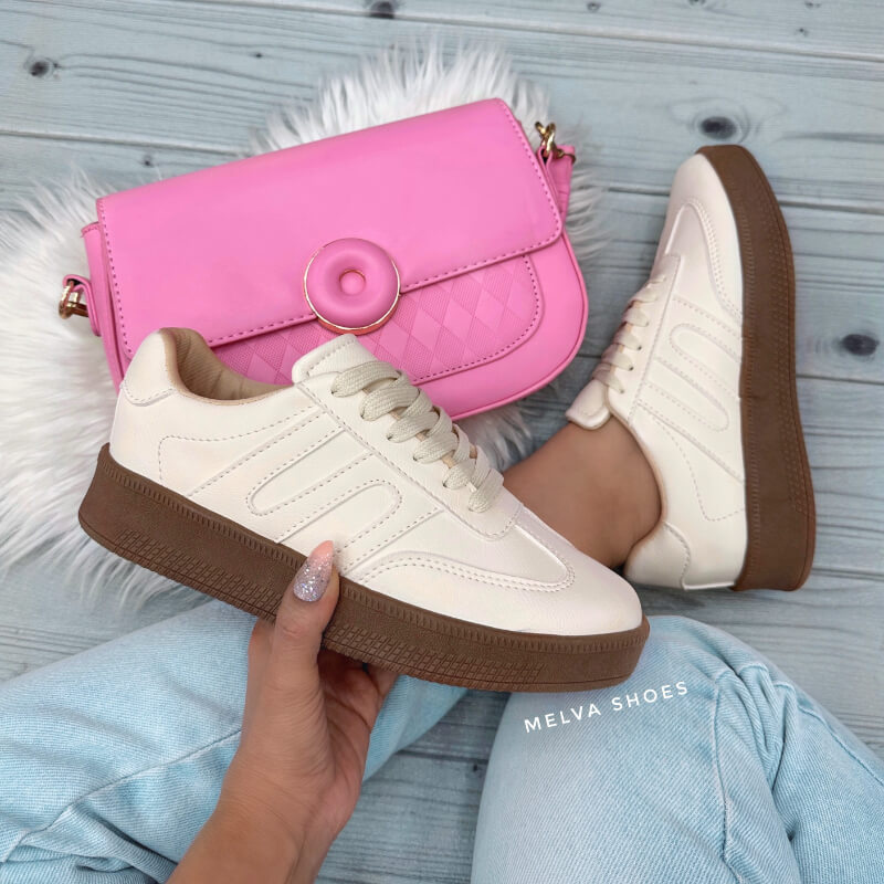 Sneakers Beige: Urbanos, Bajos, Cómodos y en Tendencia con Suela Café – Estilo y Confort