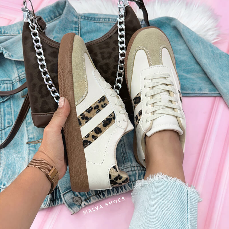 Sneakers Urbanas Bajas: Beige y Animal Print – Estilo, Comodidad y Tendencia. Suela Café