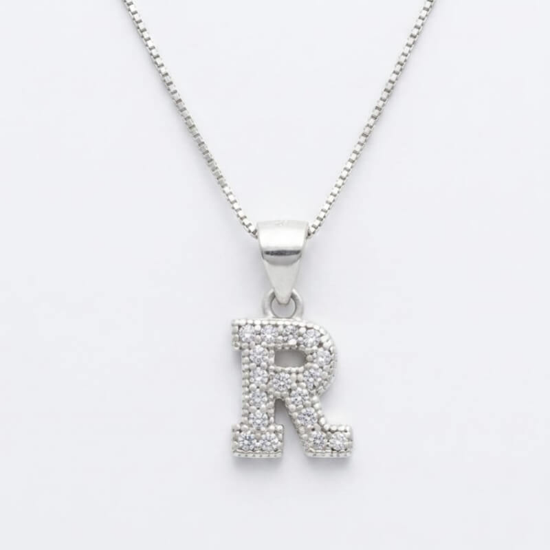 Collar Plata Ley 925 - Dije Inicial 'R' con Microcircones 1.2cm - Joyería Fina para Mujer