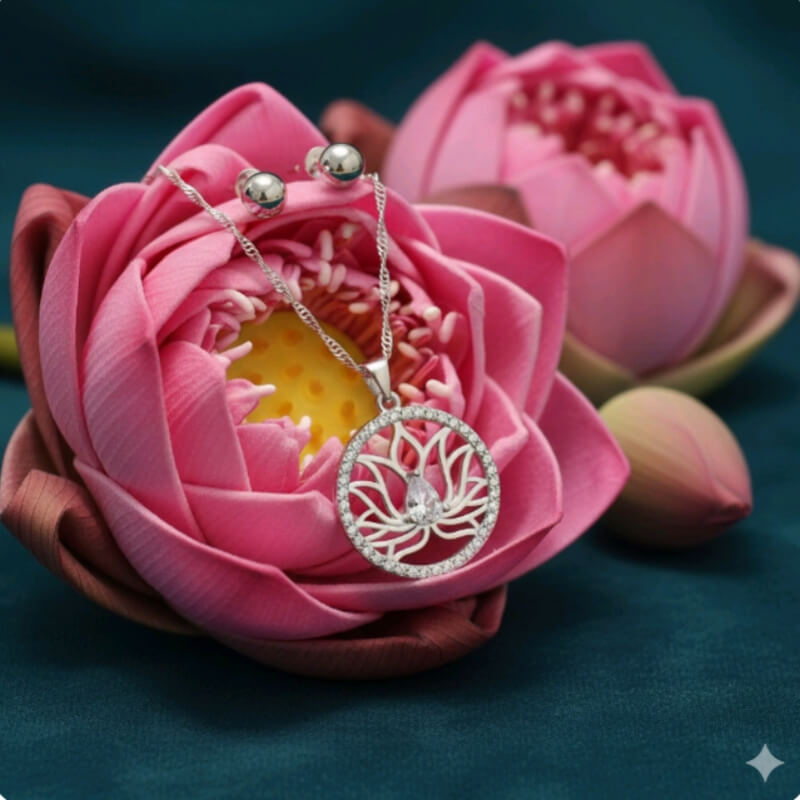Cadena 45 cm + Dije Flor de Loto Plata 925 - Símbolo Espiritual y Elegancia - 2 cm Diámetro