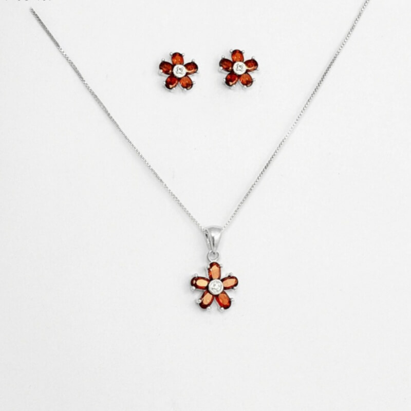 Juego de Plata 925: Collar y Aretes Flor con Circones Escarlata – Elegancia y Brillo