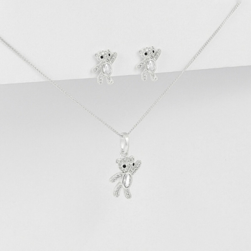 Juego de Plata 925: Ositos con Circones Brillantes – Collar y Aretes Infantiles/Juveniles