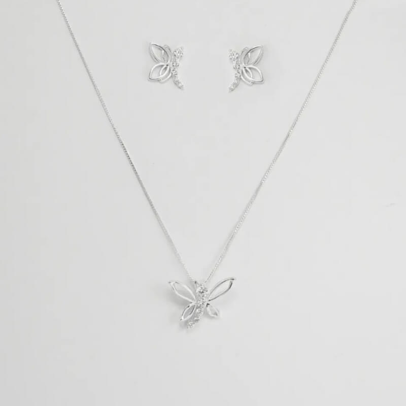 Juego de Plata Ley 925 Libélula con Circones Blancos - Elegancia y Brillo Únicos