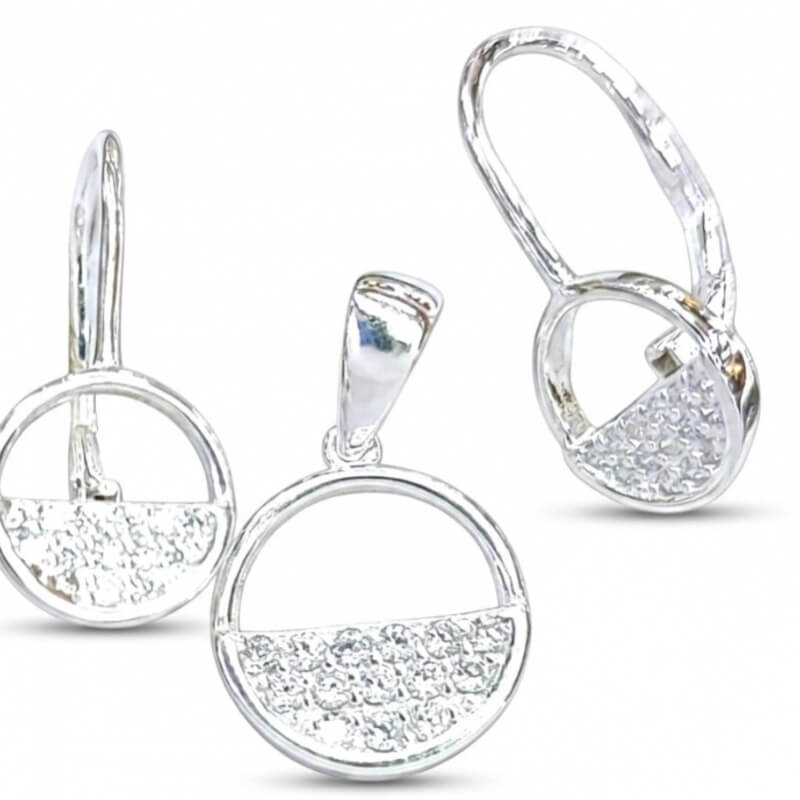 Juego de Circones Media Rueda Asa Plata Italiana 925 - Aretes y Dije Elegantes para Mujer