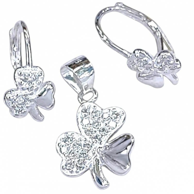 Juego de Circones en Trébol de Plata Italiana 925 - Aretes y Dije Elegantes
