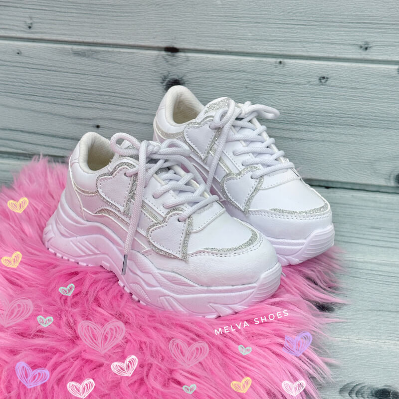 Sneakers Chunky Blancas Niña con Detalles Plateados Brillantes - Estilo y Comodidad