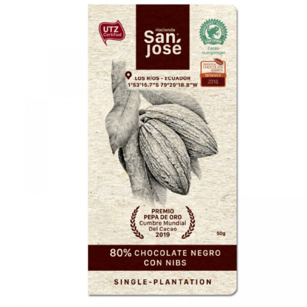 Barra Chocolate Hacienda San Jose 80% Dark + Nibs