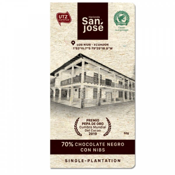 Barra Chocolate Hacienda San Jose 70% Dark + Nibs